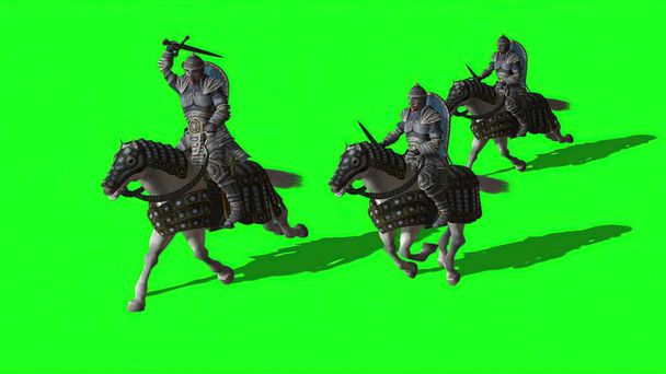 3d illustratie - Middeleeuwse ridders rijden paarden met zwaarden en schilden, op groen scherm - Foto, afbeelding