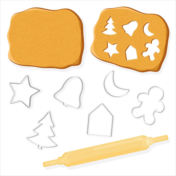 Set of gingerbread dough, cookie cutters and rolling pin isolated on white. Vector illustration flat. - Vector, Image