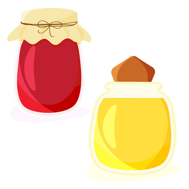 Deux bocaux en verre avec du miel et de la confiture de baies isolés sur blanc. Des conserves douces. Illustration vectorielle plate. - Vecteur, image