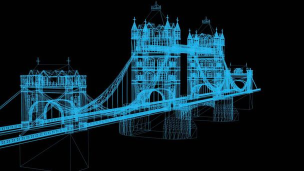 3D иллюстрация - проволочная рамка Мост на черном фоне - Фото, изображение