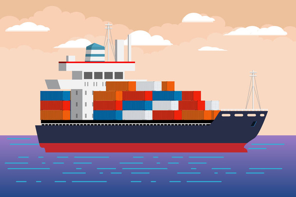 Ship with cargo container. Flat and solid color vector illustration. - Vector, Image