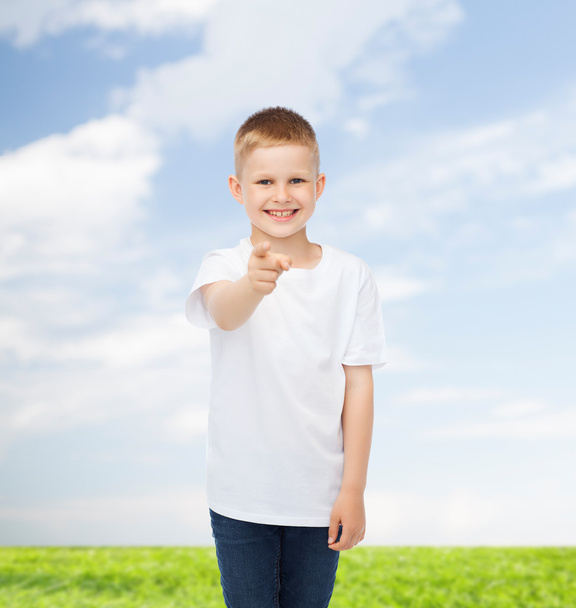 smiling little boy in white blank t-shirt - Фото, зображення