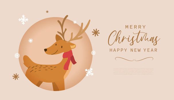 Frohe Weihnachten und ein glückliches neues Jahr Grußkarte mit niedlichen Rentier-Cartoon im modernen flachen Stil. Vektorillustration. - Vektor, Bild
