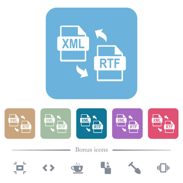 XML RTF file conversion white flat icons on color rounded square backgrounds. 6 bonus icons included - Vector, Image