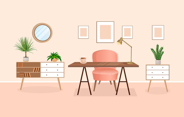 Interior of a room for working from home with furniture and houseplants. Office with computer, workplace, cabinet. Vector flat style illustration. Remote work, freelance, education and business - Vector, Image
