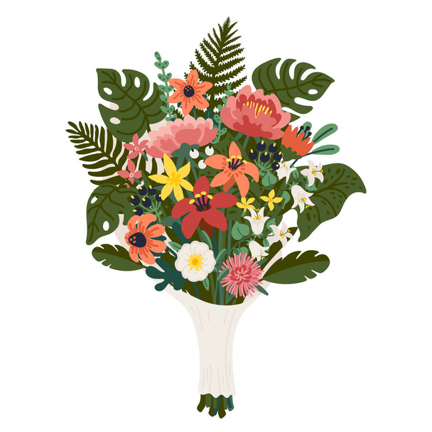 Flower bouquet, bunch of pink and yellow flowers and green branches. Vector illustration in flat cartoon style on white background. - Вектор, зображення