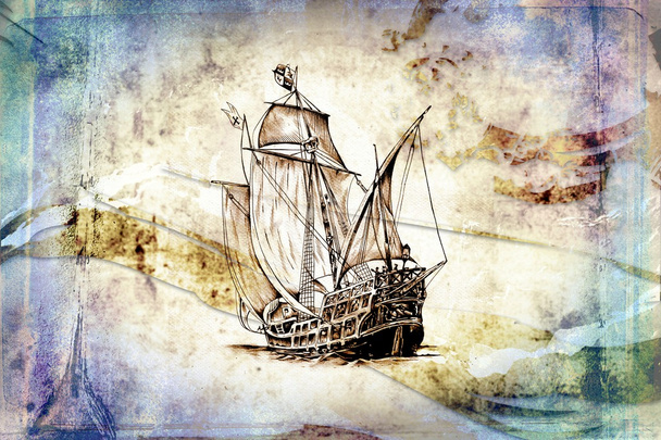Antique boat sea motive drawing handmade - Photo, Image