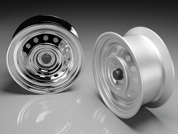 Хром бокового вида с серебряным колесом на черной сцене 3D рендеринг запасных частей обои заднего плана - Фото, изображение