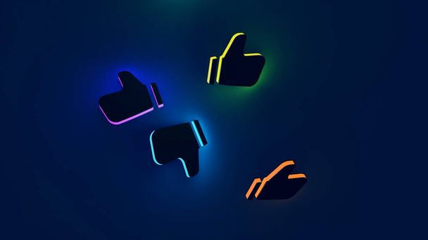 Silhouettes néons abstraites de pouces vers le haut des icônes sur un fond bleu. Design. Concept de communication en ligne, comme ou détestent. - Photo, image