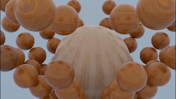Close-up de esfera marrom de madeira caindo dentro da figura caindo aos pedaços de pequenas bolas. Desenho. Forma de bolas destruindo com um efeito reverso em movimento. - Foto, Imagem