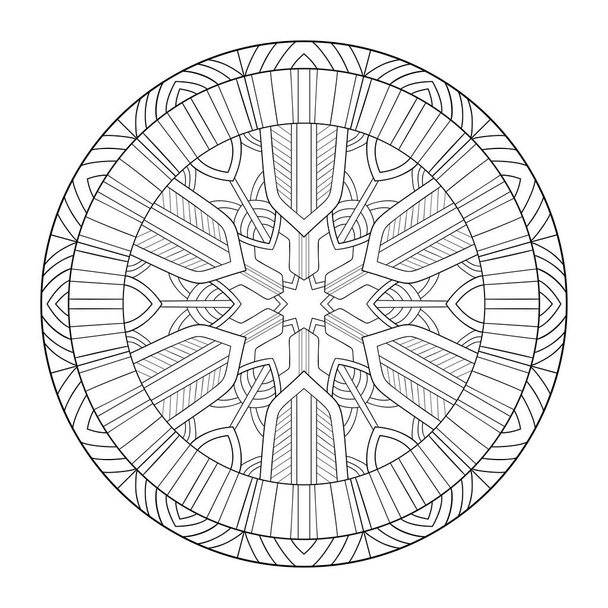 Декоративна кругла мандала зі смугастими візерунками на білому ізольованому фоні. Для розмальовок сторінок книг
. - Вектор, зображення