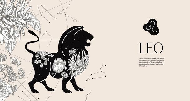 Zodiac sign Leo. Black silhouette of a lion with white flowers. Horizontal background - Διάνυσμα, εικόνα