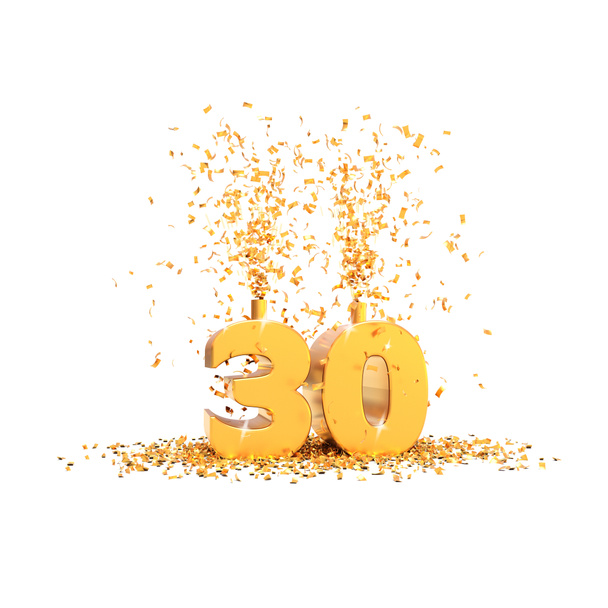 30 Jahre goldenes 3D-Wort auf weißem Hintergrund - 3D-Rendering - Foto, Bild