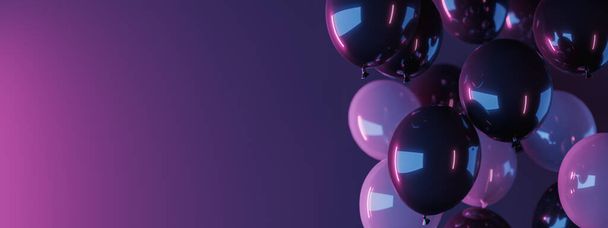 header with black and white out of focus balloons and blue and pink neon lighting. 3d rendering - Фото, изображение