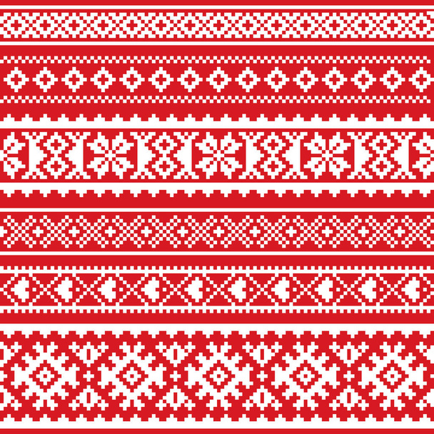 Sami vector seamless pattern, Lapland folk art, traditional knitting and embroidery design in white on red background  - Vecteur, image