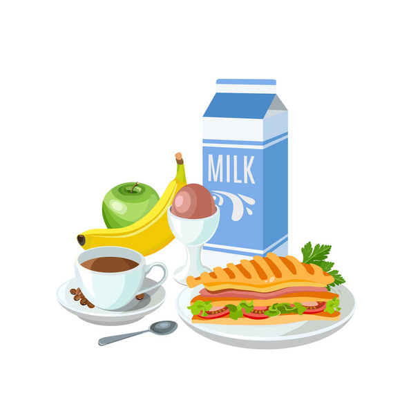 Sample breakfast of boiled egg, sandwich with toast bread, fruits and coffee with milk. Classic hotel morning set for menu poster. Brunch healthy start day options food. Vector illustration - ベクター画像