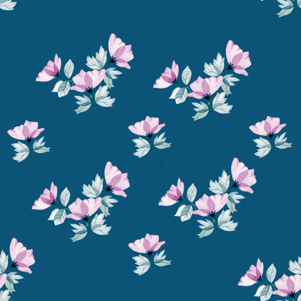 Λουλούδια πασχαλιάς σε μπλε-πράσινο φόντο αδιάλειπτη μοτίβο για ύφασμα ψηφιακή ταπετσαρία χαρτί - Φωτογραφία, εικόνα