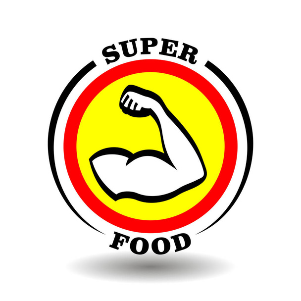 Logo rond créatif Super Food avec icône du bras masculin musculaire, signe fort de l'épaule, pictogramme manuel de l'homme athlétique pour le symbole de repas sain, étiquette nutritionnelle sportive, emballage de régime alimentaire biologique - Vecteur, image