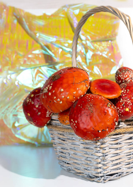 Fly agaric mushrooms in a basket. Harvesting amanita for the manufacture of medicines. Amanita microdosing is the use of dried mushrooms in an ultra-low, literally microscopic dosage. - Photo, Image
