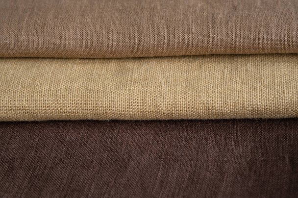 Kahverengi keten desenli arka plan. Kumaş şeritleri. Sığ noktalı Macro - Fotoğraf, Görsel