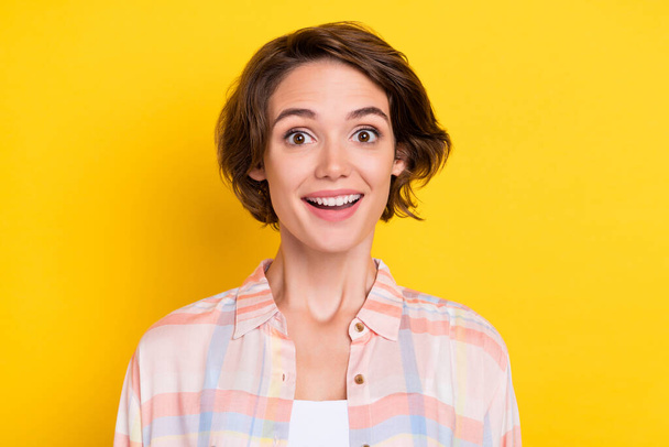Photo of cheerful young happy woman sale news reaction face enjoy isolated on shine yellow color background - Фото, зображення
