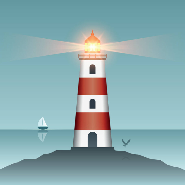 shining lighthouse at sunset with flying birds - Vektör, Görsel