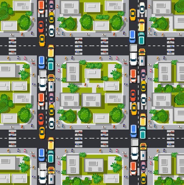 Road top view with highways many different vehicles. - Vector, Image
