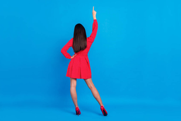 Full length body size rear back behind view of chic lady posing dancing having fun isolated over vivid blue color background - Foto, imagen