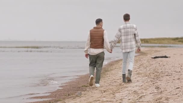 Eingeschlossenes Heck von zwei jungen kaukasischen Männern, die Händchen haltend am sandigen Seeufer spazieren, sich dann umdrehen und weglaufen - Filmmaterial, Video