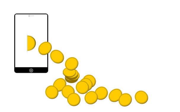 Flow of gold coins from white screen blank smart phone on white background. Cashback of money from online shop or winning the game concepts. - Vektor, obrázek