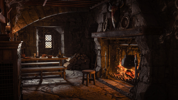 3D illustration of a medieval tavern inn bar with large open fireplace and cooking pot on the fire. - Foto, Bild