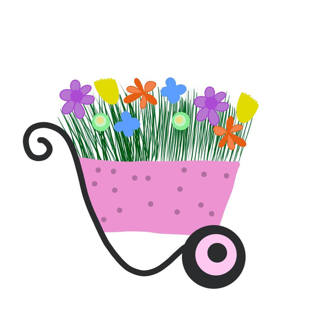 pink garden cart with flowers.  spring bouquet - Photo, Image