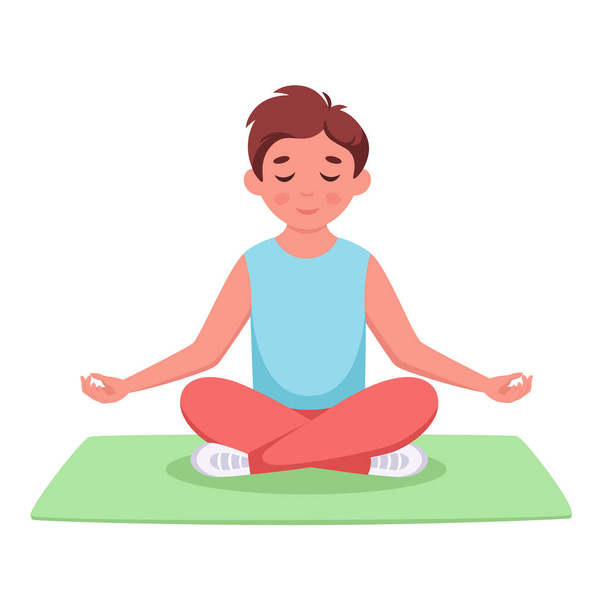 Kleine jongen mediterend in lotushouding. Gymnastiek, meditatie voor kinderen. Vectorillustratie - Vector, afbeelding