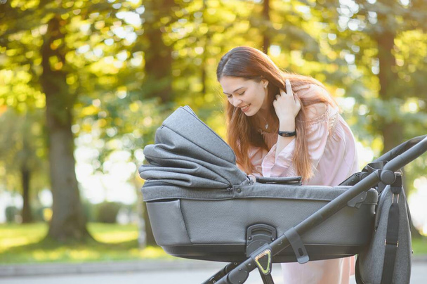 beautiful and young woman mother and baby in a stroller walking in the park - Foto, immagini