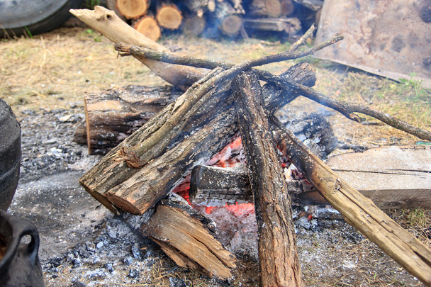 Fogueira queimando em madeira fora na natureza
 - Foto, Imagem