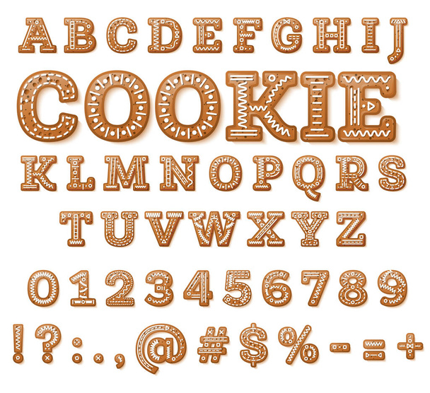 English Alphabet with Capital Letters and Numbers. Set of Gingerbread Cookies. Christmas Font. Vector Illustration. ABC Isolated on White. Christmas Cookies. Holidays Pastry. - Vetor, Imagem