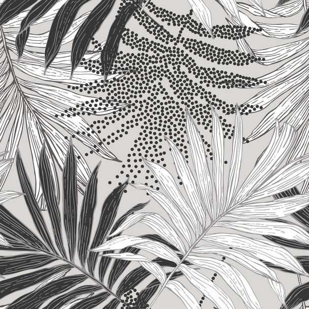 Tropikalny bezszwowy wzór: kropkowany szkic liści palmy sylwetki. Sztuka wektora dżungli. Luksusowy półton i linia sztuki w monochromatycznym. Egzotyczne tło do projektowania letniego, stroje kąpielowe plażowe, tkaniny, tapety - Wektor, obraz