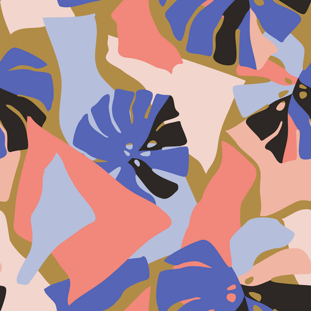 Абстрактний безшовний візерунок з вирізаним абстрактним папером, тропічними листям. Сучасний гавайський колаж. Сучасна Векторна ілюстрація для тканини, обгортання текстури, текстилю, крутих шпалер
 - Вектор, зображення