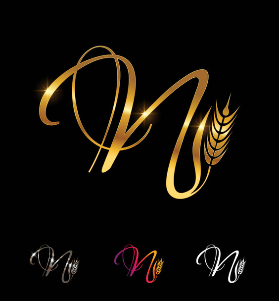 Kultainen vehnä ja viljan monogrammi Alkukirjain N - Vektori, kuva
