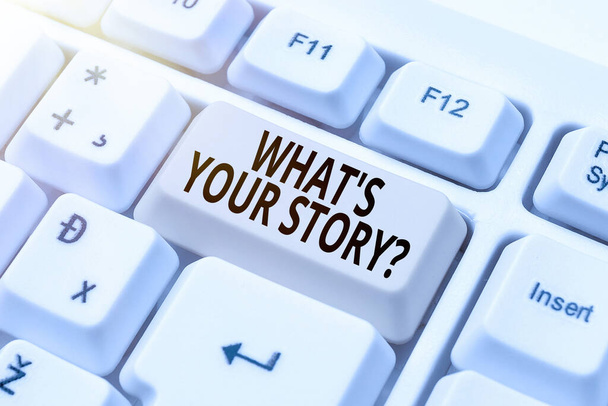 Inspiráció mutató jel What S Your Story Kérdés. Koncepció azt jelenti, hogy megkérdezi az embert az előző életéről akciók események Vásárlás és eladás áruk Online, Listing termékek interneten keresztül - Fotó, kép