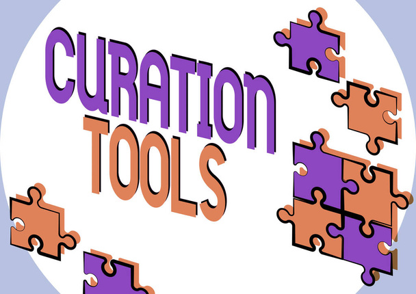 Teken het weergeven van Curation Tools. Word Written on Software gebruikt bij het verzamelen van informatie die relevant is voor een onderwerp Het creëren van nieuwe geautomatiseerde archiefsysteem, het vullen van online documenten - Foto, afbeelding
