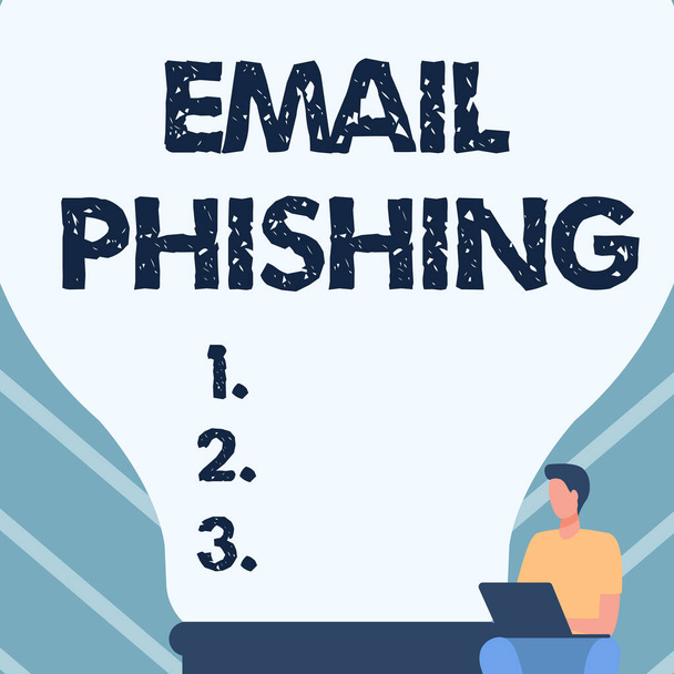 Visualização conceitual Email Phishing. Conceito que significa e-mails que podem vincular a sites que distribuem malware Gentleman sentado e usando laptop ao lado de uma grande lâmpada. - Foto, Imagem