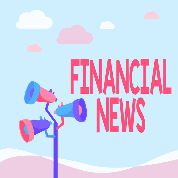 Text sign showing Financial News. Business overview Investment banking Fund management Regulation and trading Pole Megaphones Drawing Making Announcement To An Open Space. - Photo, Image