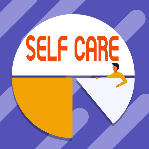 Handwriting text Self Care. Concept meaning practice of taking action preserve or improve ones own health Man Drawing Holding Pie Chart Piece Showing Graph Design. - Photo, Image