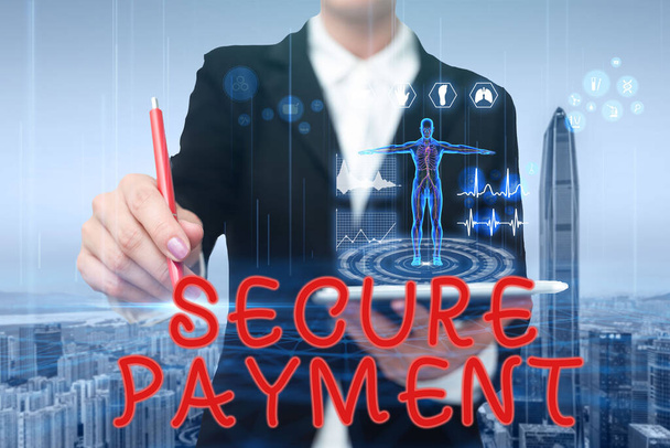 Writing displaying text Secure Payment. Conceptual photo Security of Payment refers to ensure of paid even in dispute Woman Pointing The Top Screen Of Tablet Showing Futuristic Technology. - Photo, Image