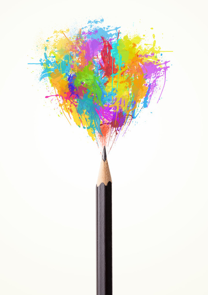 Pencil close-up with colored paint splashes - Foto, imagen