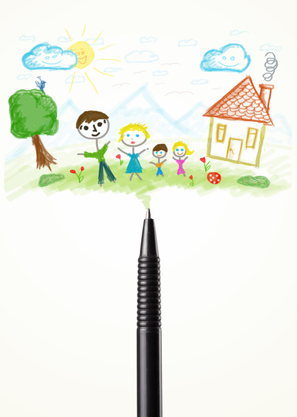 Stift-Nahaufnahme mit der Zeichnung einer Familie - Foto, Bild