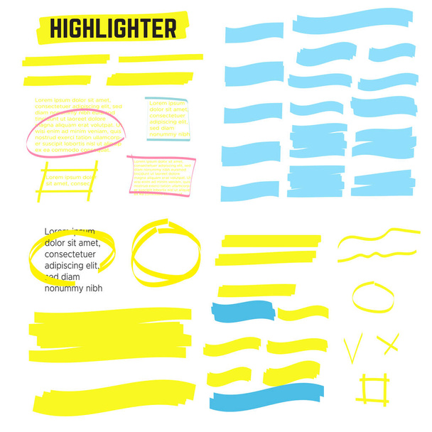 黄色のハイライター。ブラシペンの下線。黄色の水彩画の手のハイライト - ベクター画像