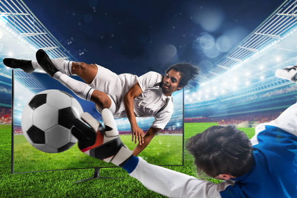 Chaîne de télévision en continu du joueur de football qui donne un coup de pied au ballon - Photo, image