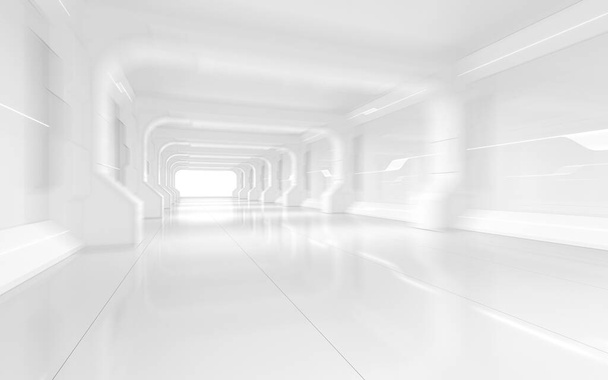 Bílý prázdný tunel, futuristický pokoj, 3D vykreslování. Digitální kresba počítače. - Fotografie, Obrázek